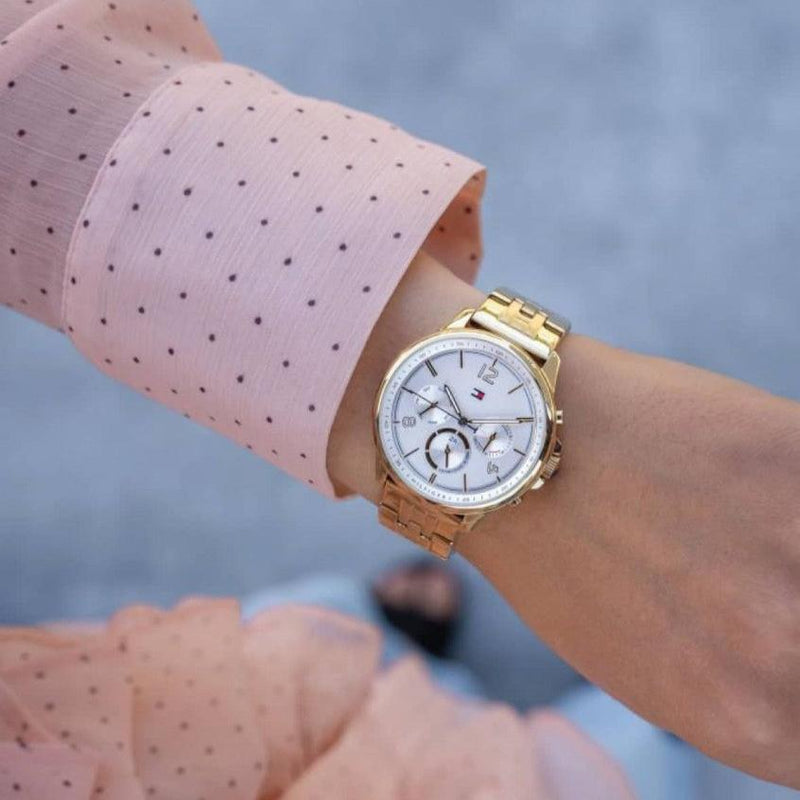 Shop Tommy Hilfiger Carly White Dial Gold Steel Strap Watch for Women - 1781786 in USA
