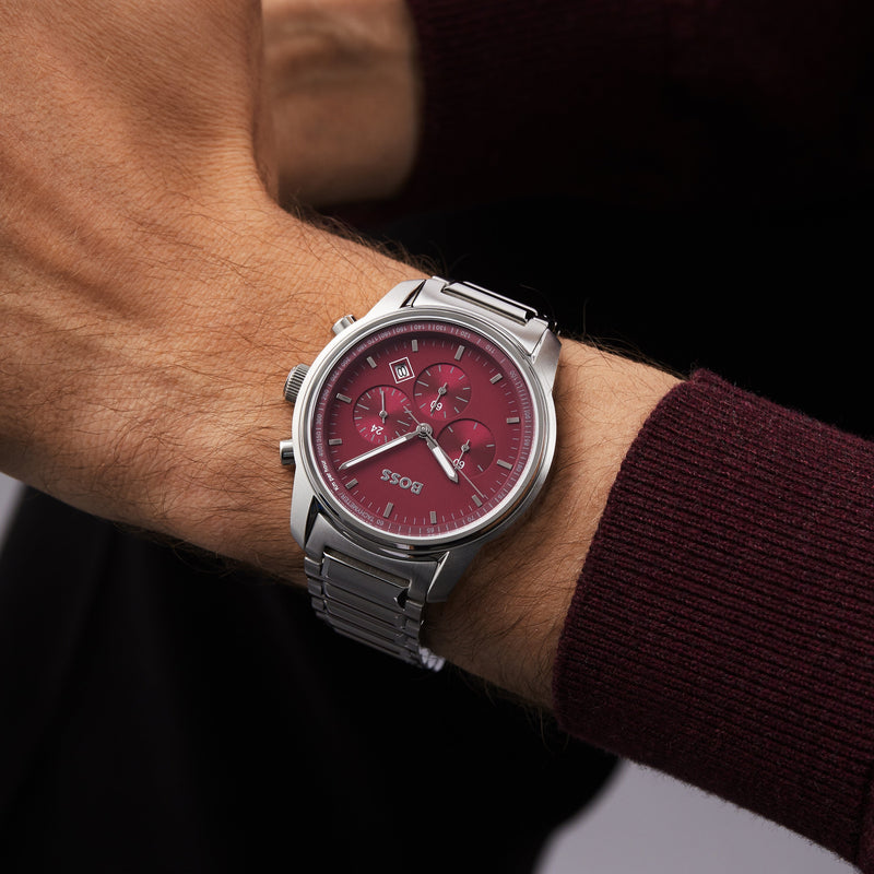Hugo Boss Trace Chronograph Red Dial Silver Steel Strap Watch For Men - 1514004 Buy Now By Hugo Boss