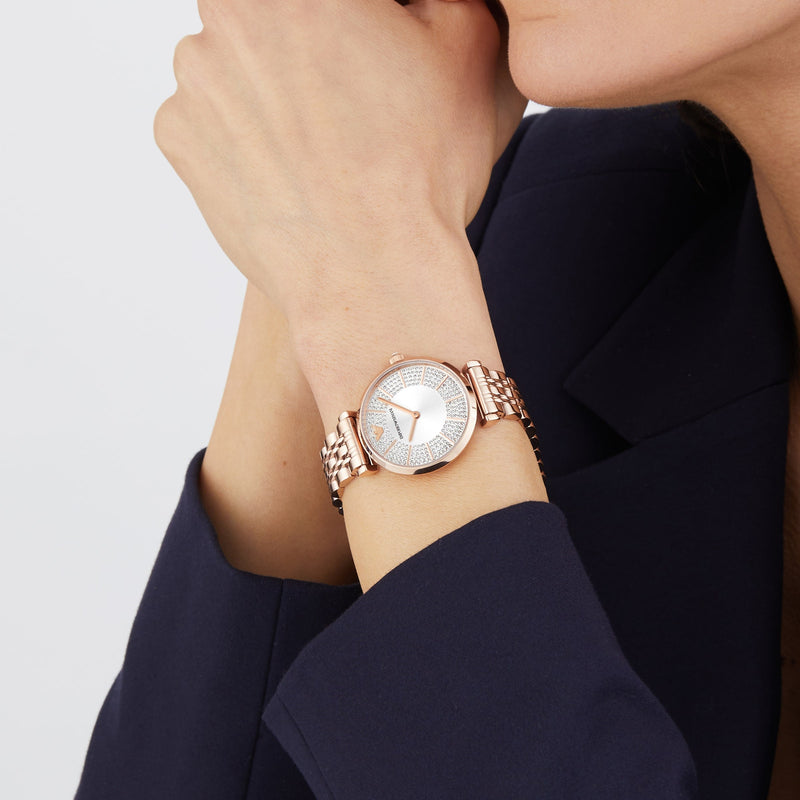 Emporio Armani Gianni T-Bar Crystals Silver Dial Rose Gold Steel Strap Watch For Women - AR11446 Buy Now By Emporio Armani