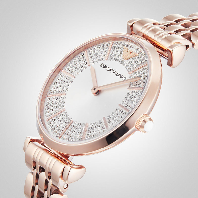 Emporio Armani Gianni T-Bar Crystals Silver Dial Rose Gold Steel Strap Watch For Women - AR11446 Buy Now By Emporio Armani