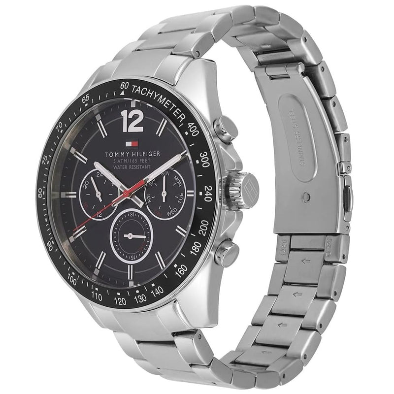 Tommy Hilfiger Luke Chronograph Black Dial Silver Steel Strap Watch for Men - 1791104