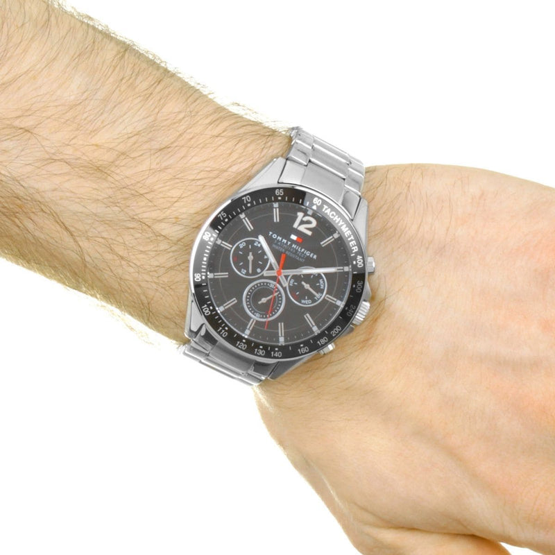 Tommy Hilfiger Luke Chronograph Black Dial Silver Steel Strap Watch for Men - 1791104