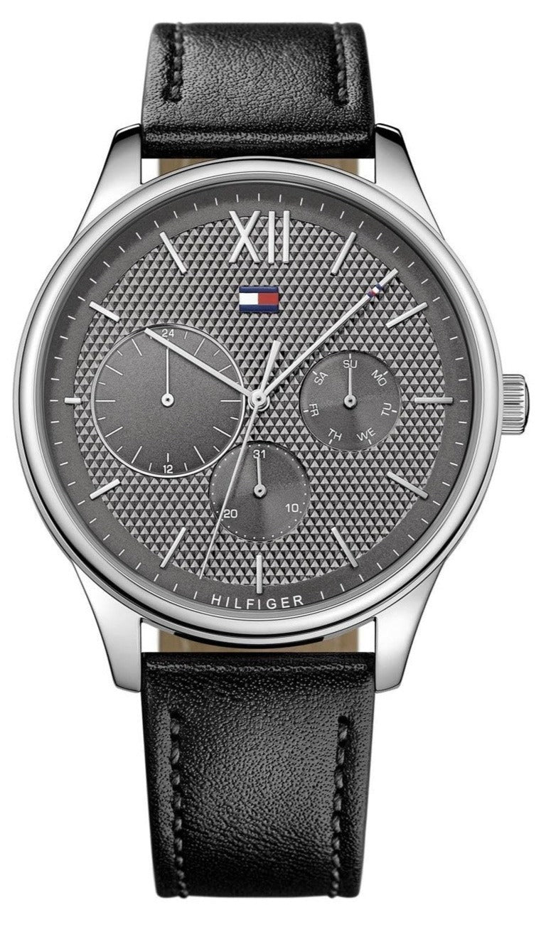 Shop Tommy Hilfiger Damon Multifunction Black Dial Black Leather Strap Watch for Men - 1791417 in USA