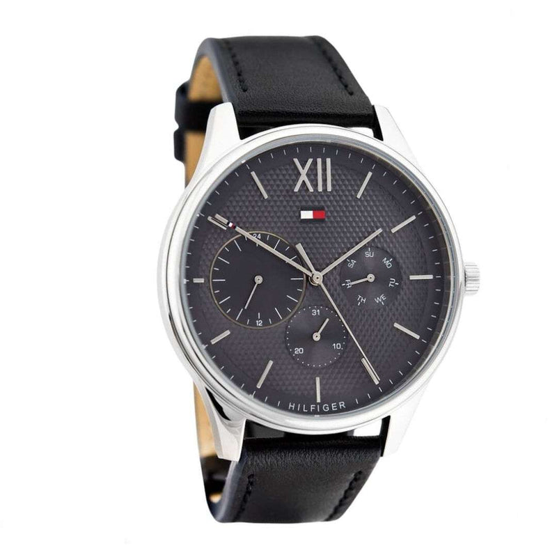 Shop Tommy Hilfiger Damon Multifunction Black Dial Black Leather Strap Watch for Men - 1791417 in USA