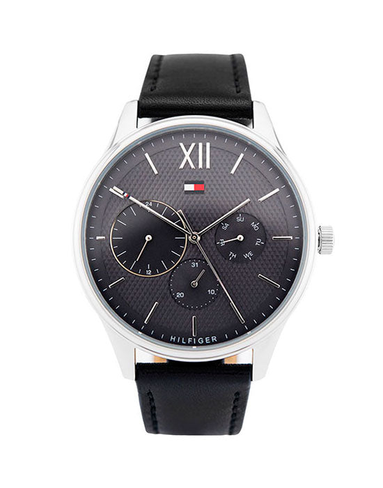 Shop Tommy Hilfiger Damon Multifunction Black Dial Black Leather Strap Watch for Men - 1791417 in USA