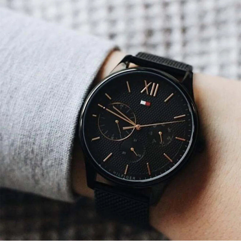 Shop Tommy Hilfiger Damon Quartz Black Dial Black Mesh Bracelet Watch for Men - 1791420 in USA