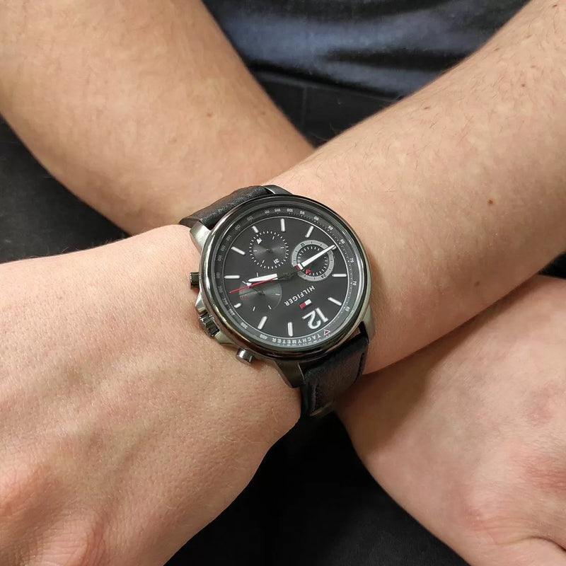 Tommy Hilfiger London Chronograph Grey Dial Black Leather Strap Watch for Men - 1791533