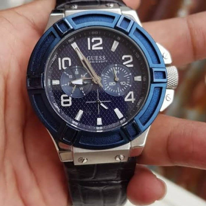 Guess Rigor Multifunction Chronograph Blue Dial Blue Leather Strap Watch For Men - W0040G7 Buy Now By Guess