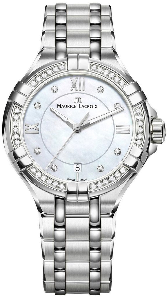 Shop Maurice Lacroix Aikon White Mother of Pearl Dial Silver Steel Strap Watch for Women - A11006-SD502-170-1 in USA