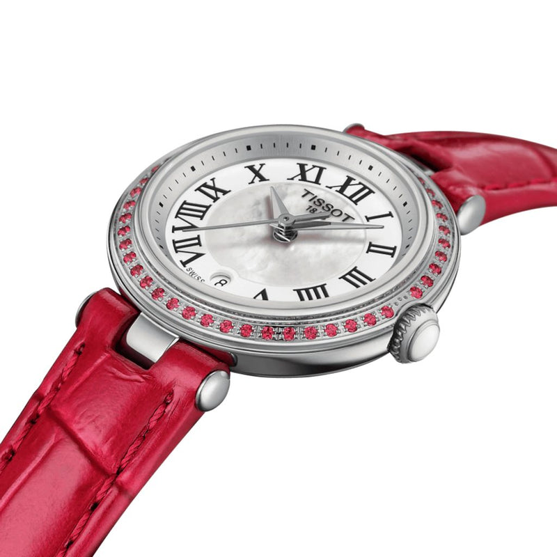 Shop Tissot Bellissima Small Lady Diamonds Mother of Pearl Dial Red Leather Strap Watch For Women - T126.010.66.113.00 in USA