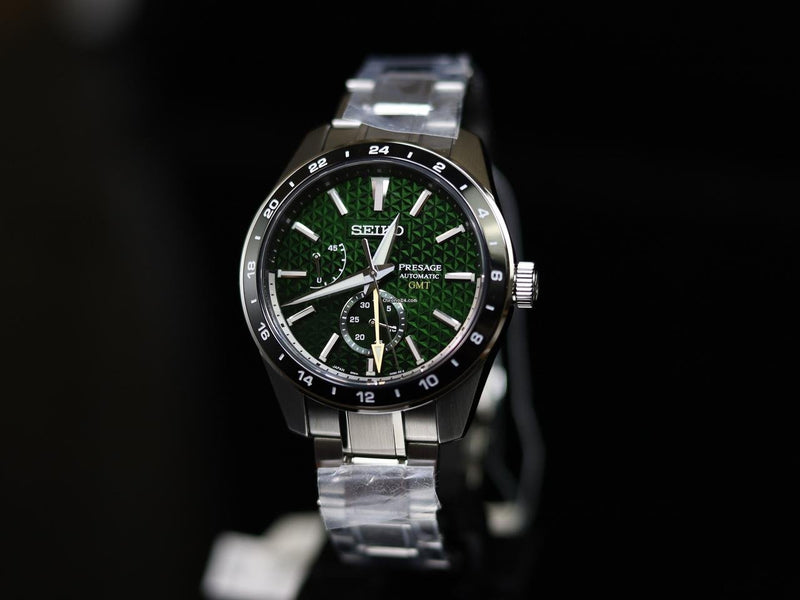 Shop Seiko Presage Sharp Edged Series GMT Green Dial Silver Steel Strap Watch For Men - SPB219J1 in USA