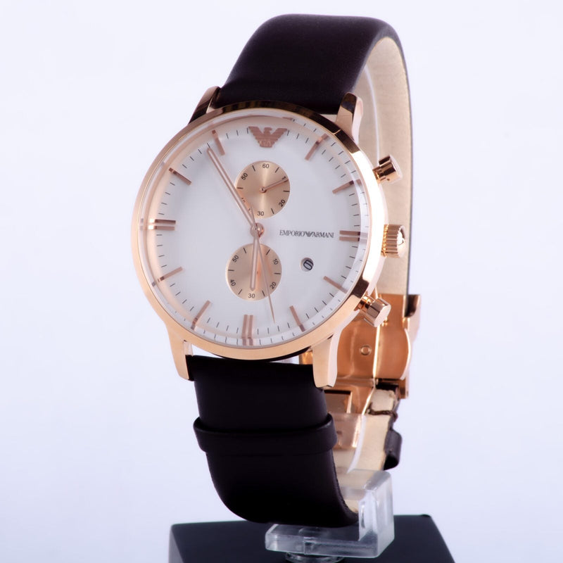 Emporio Armani Gianni Classic Chronograph White Dial Brown Leather Strap Watch For Men - AR0398 Buy Now By Emporio Armani