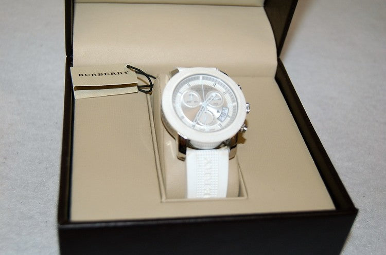 Shop Burberry City Chronograph White Dial White Leather Strap Watch For Women - BU9701 in USA