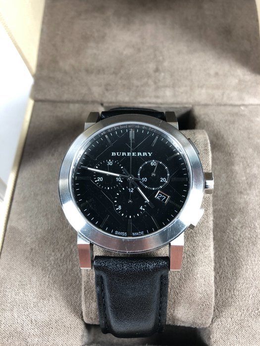 Burberry The City Chronograph Black Dial Black Leather Strap Watch for Men - BU9356 Buy Now By Burberry