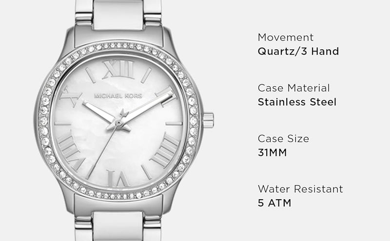 Michael Kors Sage Three-Hand Mother of Pearl White Dial Silver Steel Strap Watch for Women - MK4824 Buy Now By Michael Kors