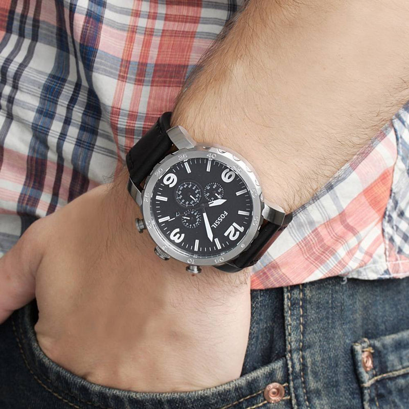 Fossil Nate Chronograph Black Dial Black Leather Strap Watch for Men - JR1436 Buy Now By Fossil