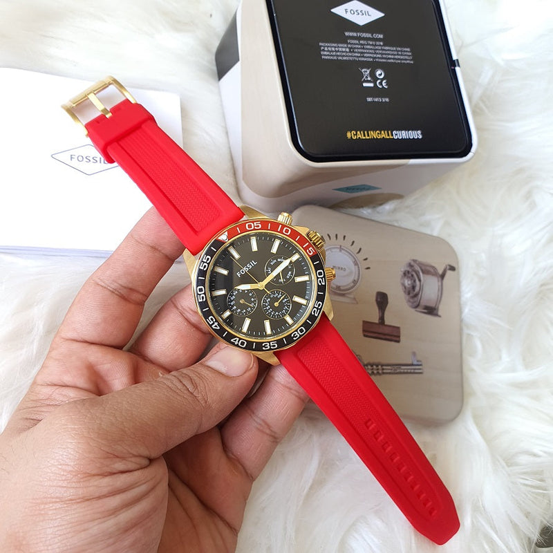 Fossil Bannon Multifunction Black Dial Red Silicone Strap Watch for Men - BQ2499 Buy Now By Fossil