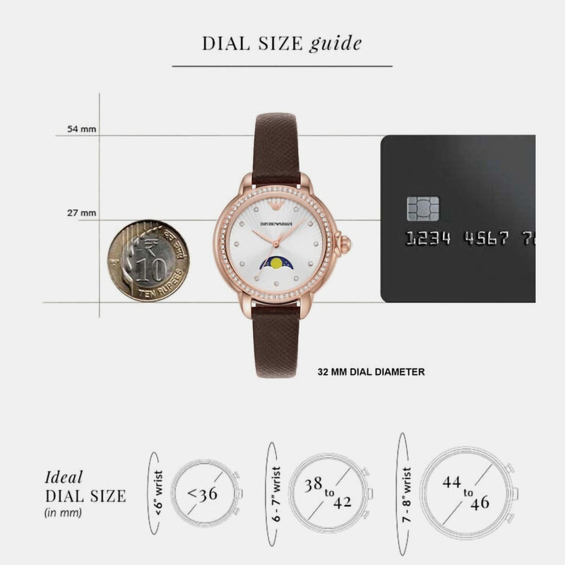 Emporio Armani Mia Moonphase Silver Dial Brown Leather Strap Watch For Women - AR11568 Buy Now By Emporio Armani