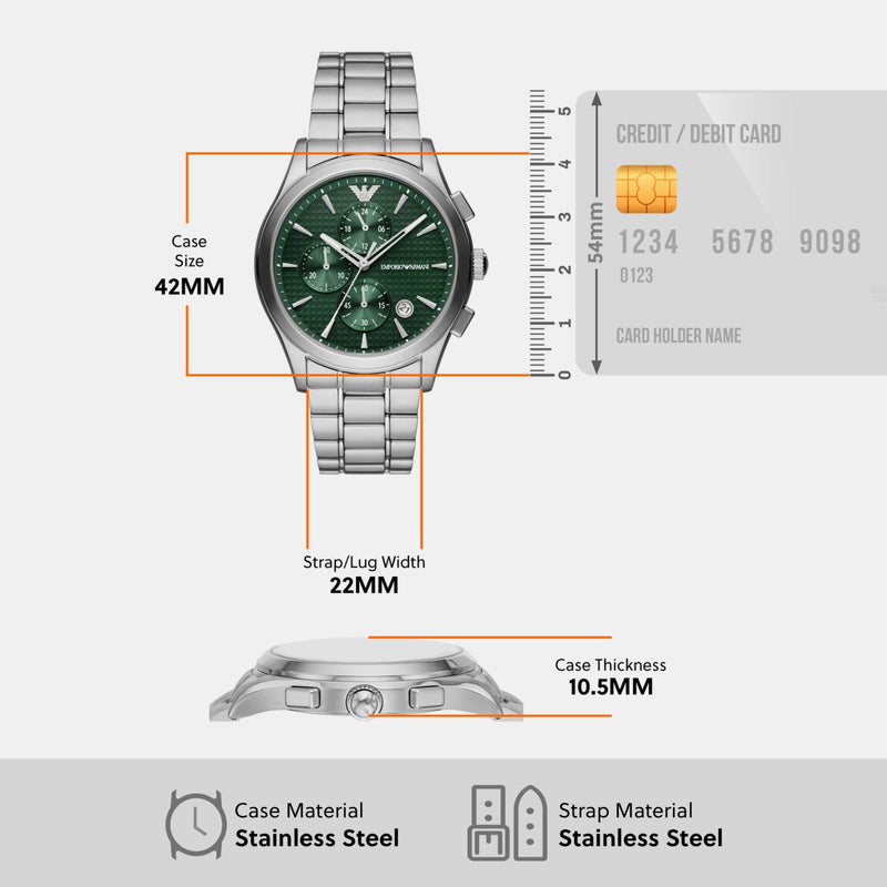 Emporio Armani Paolo Chronograph Green Dial Silver Steel Strap Watch For Men - AR11529 Buy Now By Emporio Armani