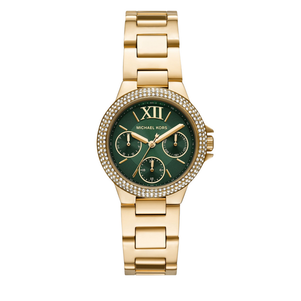 Shop Michael Kors Camille Multifunction Green Dial Gold Steel Strap Watch For Women - MK6981 in USA