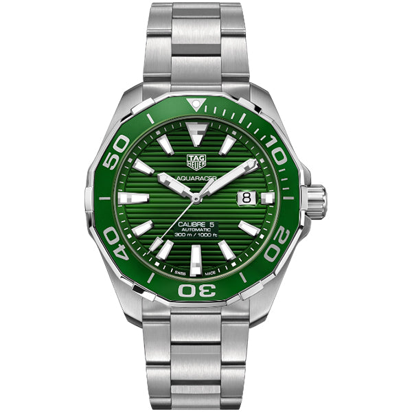 Shop Tag Heuer Aquaracer Calibre 5 Green Dial Silver Steel Strap Watch for Men - WAY201S.BA0927 in USA