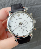 Emporio Armani Classic Quartz Chronograph White Dial Black Leather Strap Watch For Men - AR1807 Buy Now By Emporio Armani