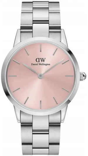 Daniel Wellington Iconic Pink Dial Silver Steel Strap Watch For Women - DW00100329