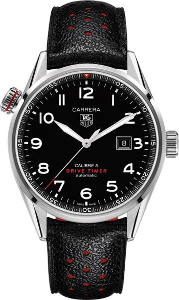Tag Heuer Carrera Calibre 5 Drive Timer Black Dial Black Leather Strap Watch for Men - WAR2A10.FC6337 Buy Now By Tag Heuer
