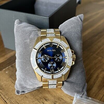 Shop Bulova Crystal Collection Blue Dial Gold Steel Strap Watch for Men - 98C128 in USA