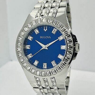 Bulova Phantom Baguette Crystal Blue Dial Silver Steel Strap Watch for Men - 96A254 Buy Now By Bulova