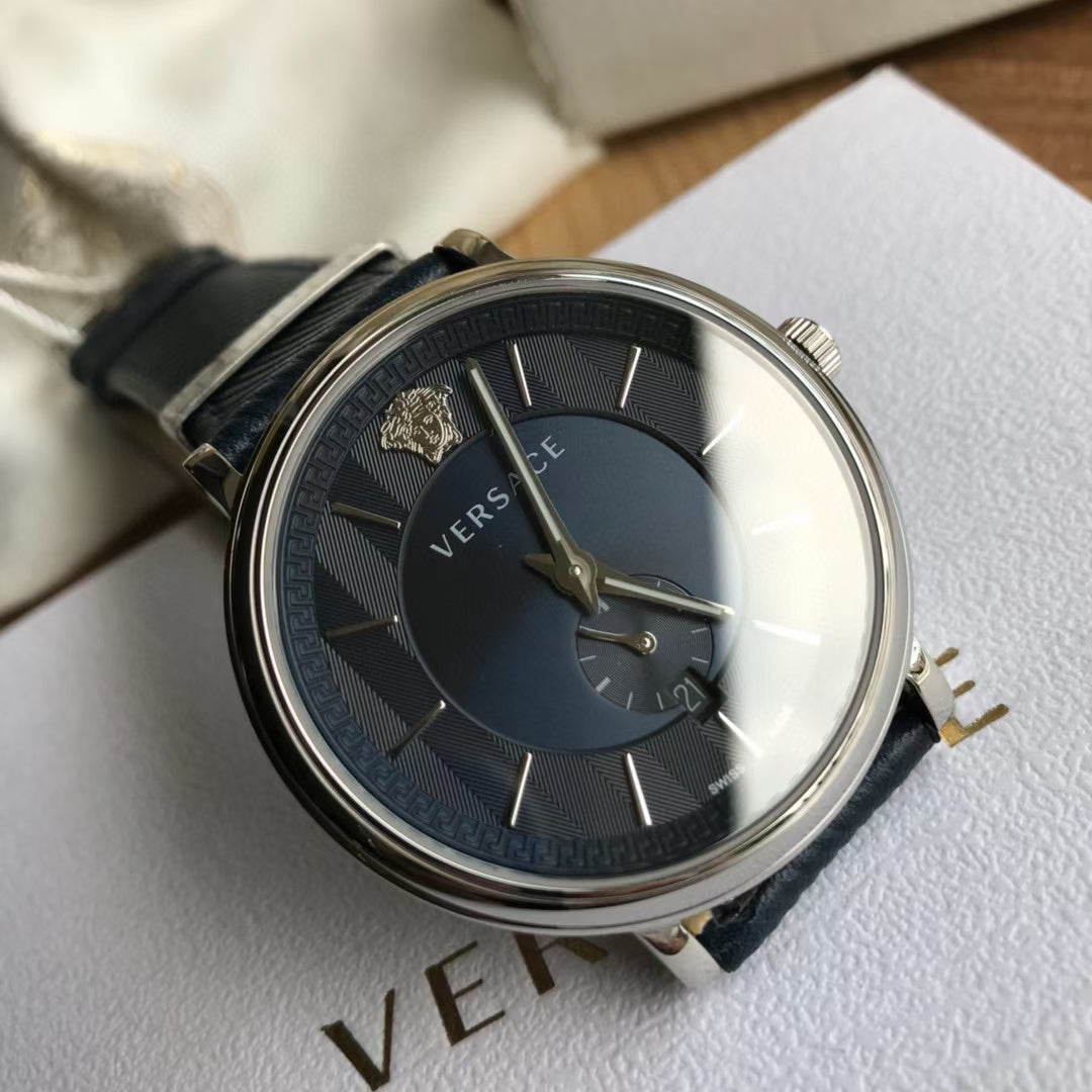 Versace Manifesto Quartz Blue Dial Blue Leather Strap Watch For Men - VBQ01017