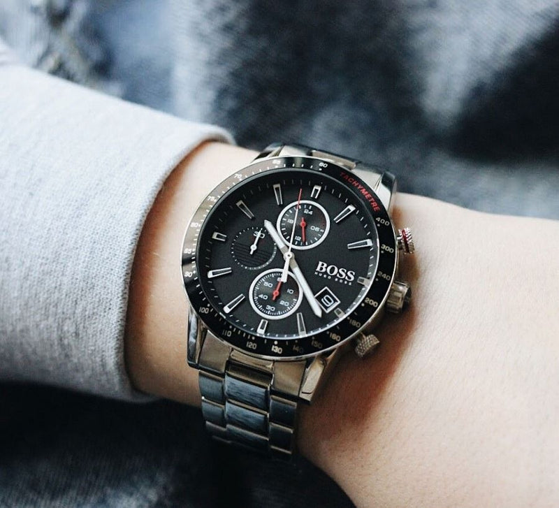 Shop Hugo Boss Rafale Chronograph Black Dial Silver Steel Strap Watch for Men - 1513509 in USA