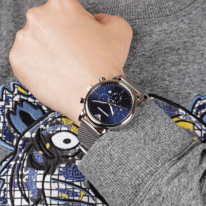 Emporio Armani Luigi Chronograph Blue Dial Silver Mesh Bracelet Watch For Men - AR80038 Buy Now By Emporio Armani