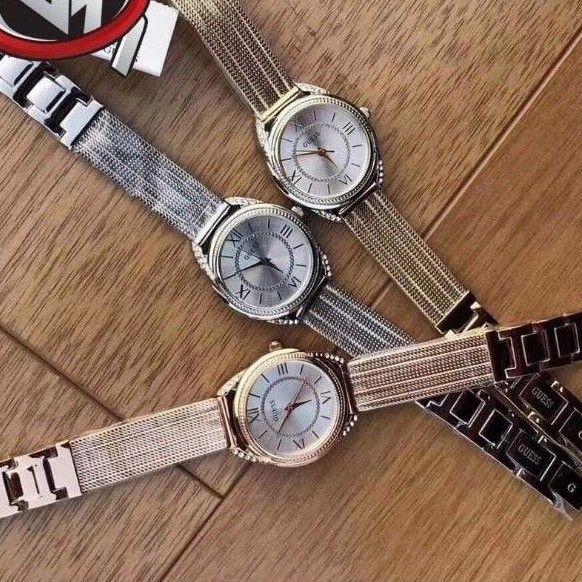 Shop Guess Whisper Silver Dial Rose Gold Mesh Bracelet Watch for Women - W1084L3 in USA