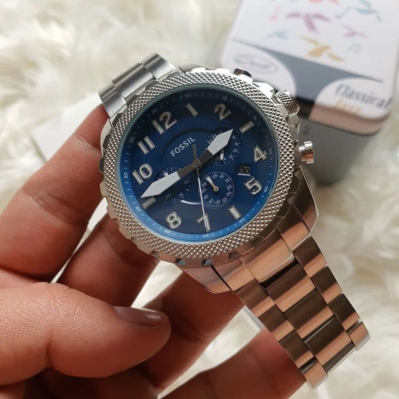 Fossil Bowman Chronograph Blue Dial Silver Steel Strap Watch for Men - FS5604 Buy Now By Fossil