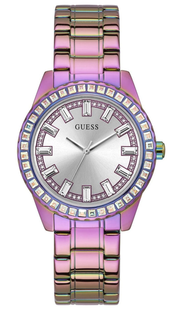 Shop Guess Sparkler Silver Dial Purple Steel Strap Watch For Women - GW0111L5 in USA