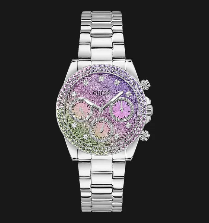 Guess Sol Chronograph Crystals Multicolor Dial Silver Steel Strap Watch For Women - GW0483L1 Buy Now By Guess