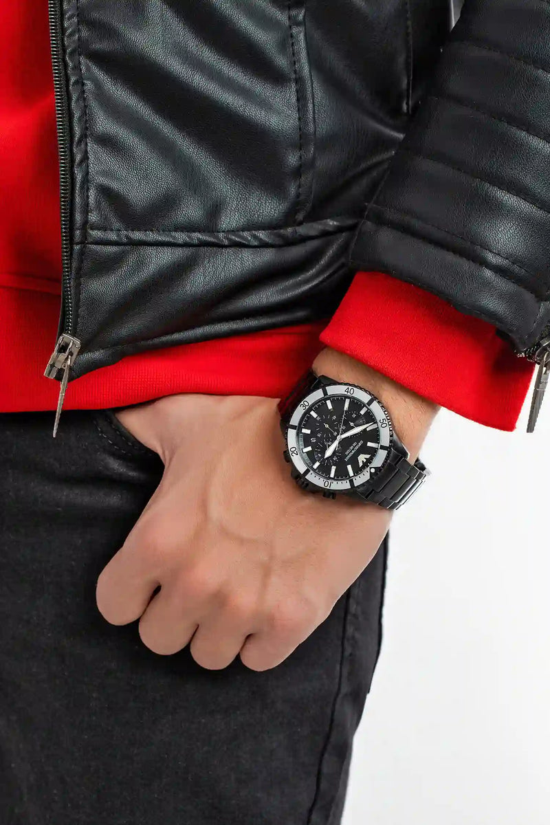 Emporio Armani Diver Chronograph Black Dial Black Steel Strap Watch For Men - AR80050 Buy Now By Emporio Armani