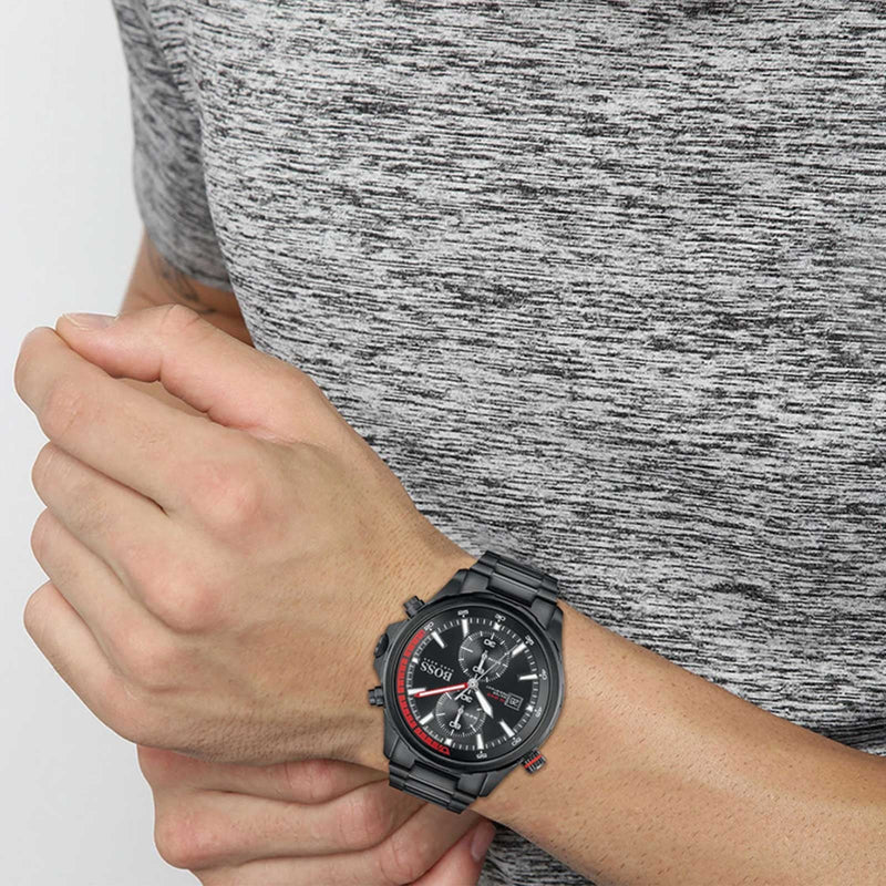Shop Hugo Boss Globetrotter Black Dial Black Steel Strap Watch for Men - 1513825 in USA