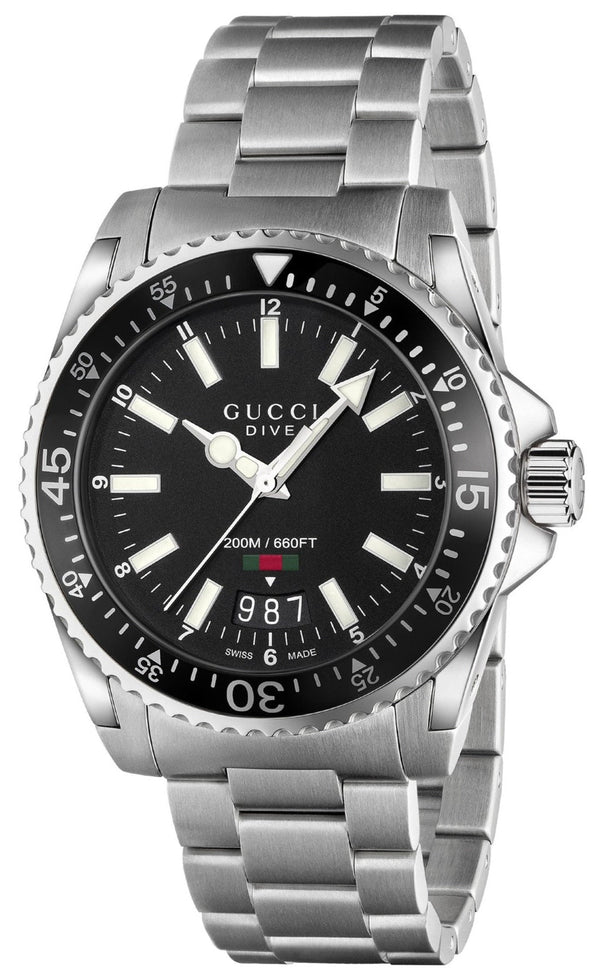 Shop Gucci Dive Quartz Black Dial Silver Steel Strap Watch For Men - YA136301 in USA