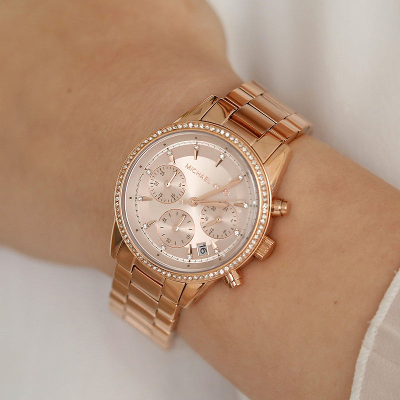 Michael Kors Ritz Chronograph Rose Gold Dial Rose Gold Steel Strap Watch for Women - MK6357 Buy Now By Michael Kors