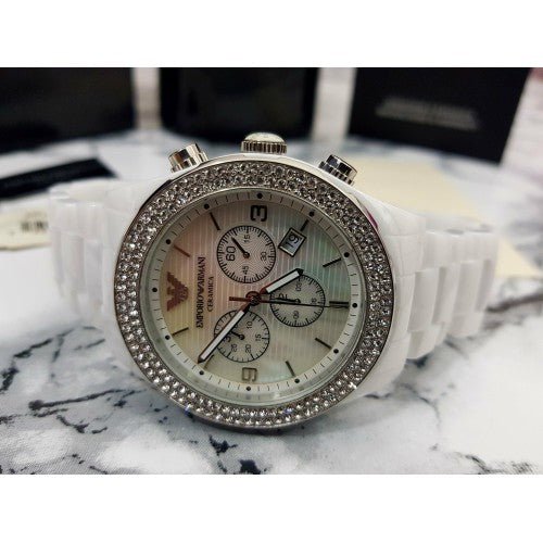 Emporio Armani Ceramica Chronograph White Dial White Ceramic Strap Watch For Women - AR1456 Buy Now By Emporio Armani