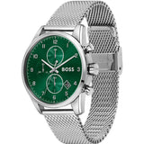 Hugo Boss Skymaster Chronograph Green Dial Silver Mesh Bracelet Watch for Men - 1513938