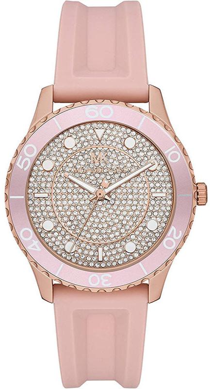 Shop Michael Kors Runway Three Hand Crystal Pave Dial Pink Rubber Strap Watch For Women - MK6854 in USA