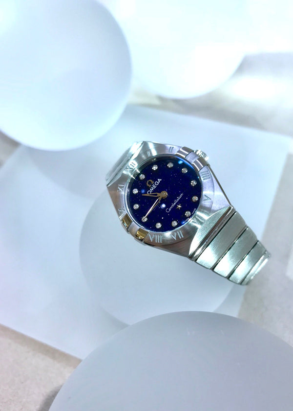 Shop Omega Constellation Manhattan Quartz Diamonds Blue Dial Silver Steel Strap Watch for Women - 131.10.25.60.53.001 in USA