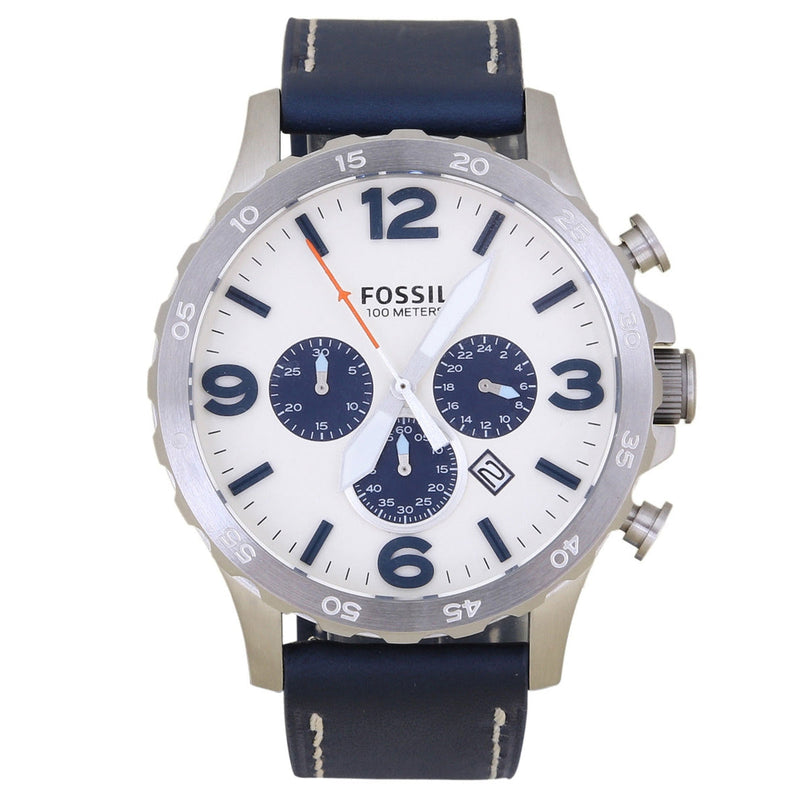 Fossil Nate Chronograph White Dial Blue Leather Strap Watch for Men - JR1480 Buy Now By Fossil