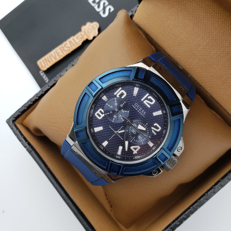 Guess Rigor Analog Blue Dial Blue Rubber Strap Watch For Men - W0248G5 Buy Now By Guess