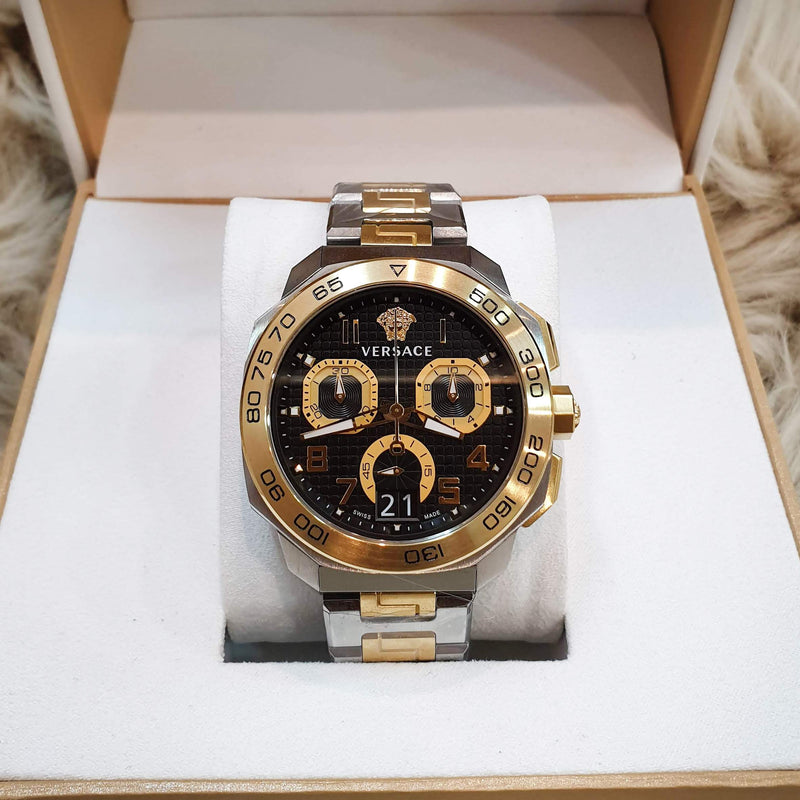 Versace Dylos Chronograph Black Dial Two Tone Steel Strap Watch for Men - VQC100016 Buy Now By Versace