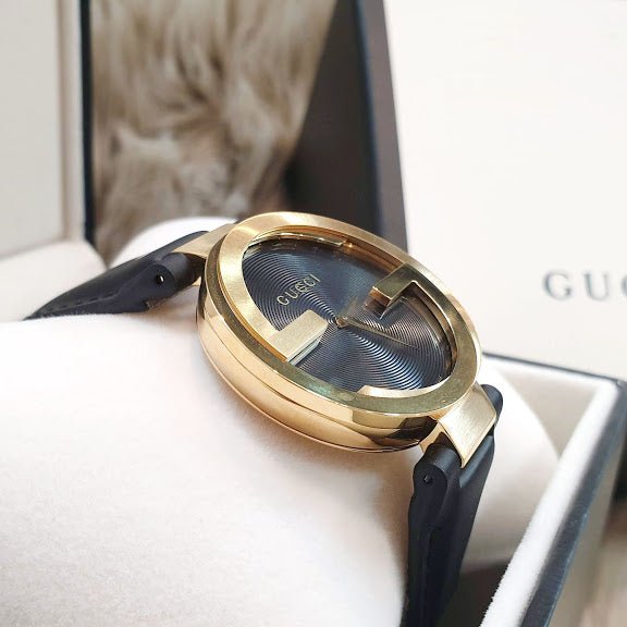 Gucci Interlocking G Gold Black Dial Black Leather Strap Unisex Watch - YA133326 Buy Now By Gucci
