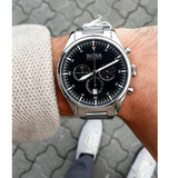 Hugo Boss Pioneer Chronograph Black Dial Silver Steel Strap Watch for Men - 1513712